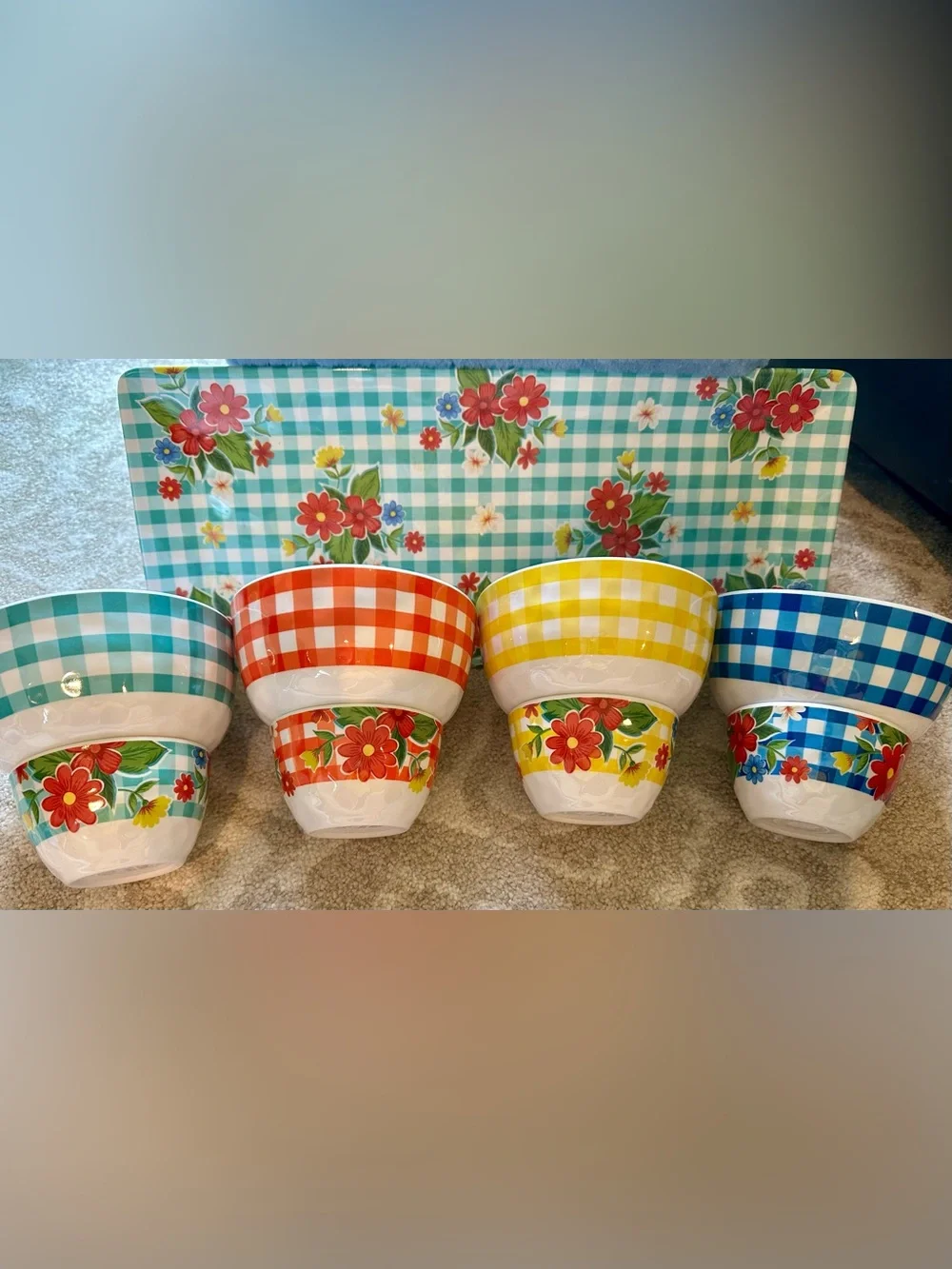 Nancy Green Floral Gingham Melamine Dinnerware Set - Blue & Multi-Color see pics
